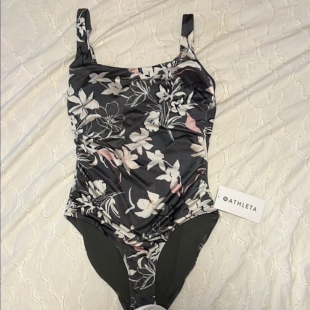 Athleta Black and Pink Floral Swimsuit